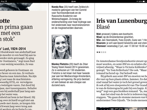 Ziber Young Talent 2104 in Het Parool! Nienke Flietstra gefeliciteerd.